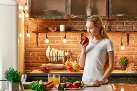 Simple ingredients prepared in a simple way. Young woman cooking in modern kitchen. Healthy